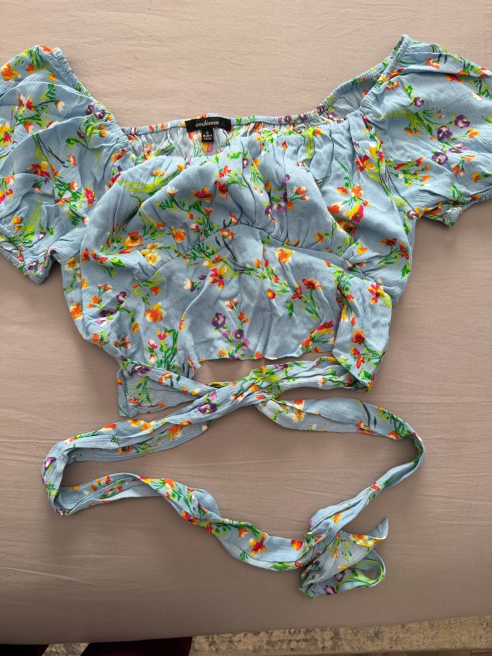 Ambiance Light Blue Off The Shoulder Floral Tie-Front Crop Top